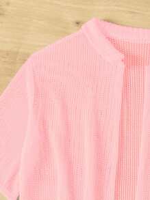 SHEIN Swim Women Solid Color Knitted Sheer V-Neck Short Sleeve Cover Up And Shorts Summer Outfit 2pcs/Set,Summer Beach - Pink - View 6