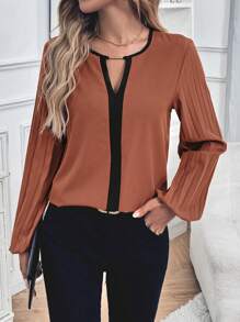 SHEIN LUNE Camisa de manga larga sencilla con bloques de color para mujer - Marrón - Ver 3