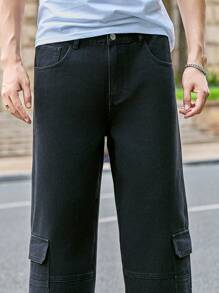 Claim Dot Pantalones vaqueros casuales rectos y sueltos con bolsillos cargo versátiles para hombres - Negro - Ver 5