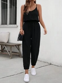 SHEIN LUNE Women'S Solid Color Strap Jumpsuit - Black - View 5
