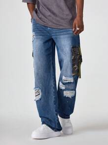 PAVTROS Quần Jeans Cargo Jeans Xanh Đậm Giặt Bằng Denim Túi Vá Streetwear Rộng Rãi Cho Nam, Quà Tặng Cho Chồng, Bạn Trai - Rửa tối - Xem 5
