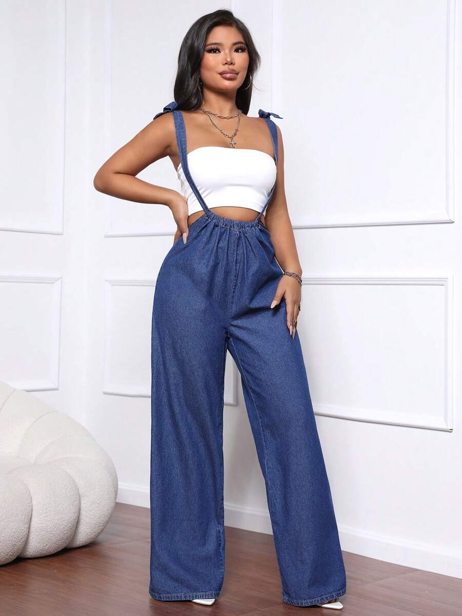 SHEIN SXY 女士系带交叉直腿休闲时尚牛仔背带工装裤和连体裤 - 藍色 - 查看 1
