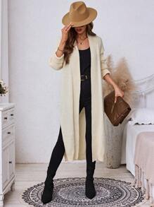 SHEIN LUNE Women's Autumn/Winter Long Split Ivory Cardigan Sweater - White - View 3