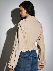 Poéselle Abrigo corto de gabardina caqui para mujeres, de doble botonadura y corte cruzado. Abrigo de gabardina informal para otoño/invierno, prendas básicas de otoño, ropa de negocios casuales, abrigo suelto