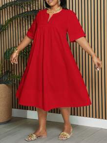 Slaydiva Váy chữ A dài đến đầu gối cổ khoét sâu tay ngắn thanh lịch & công sở & ngày lễ cỡ lớn dành cho nữ, mùa xuân/hè - Màu Đỏ Sâu - Xem 4