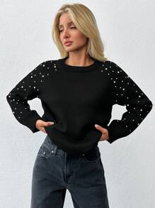 SHEIN Cottnline كنزة نسائية سوداء بياقة مستديرة مع أكمام مزينة باللؤلؤ - الأسود - مشاهدة 5