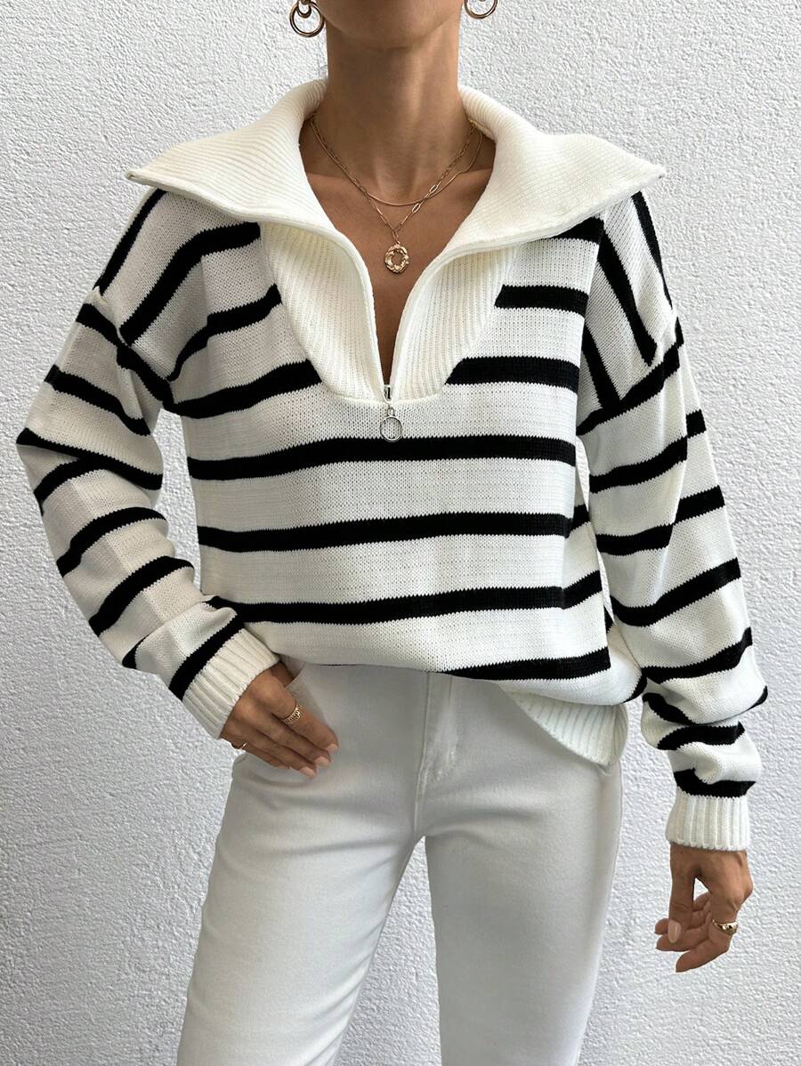 SHEIN Cottnline 女式拉鍊半扣條紋毛衣套頭 - 白色 - 查看 1