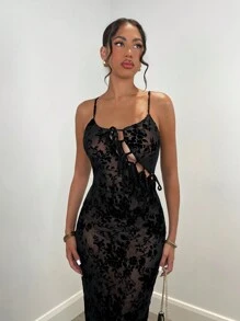 SHEIN BAE Vestido negro de mujer con detalles de encaje, malla floral y cordones al frente, vestido ceñido y sexy, vestido vintage, vestido de otoño, vestido negro elegante
