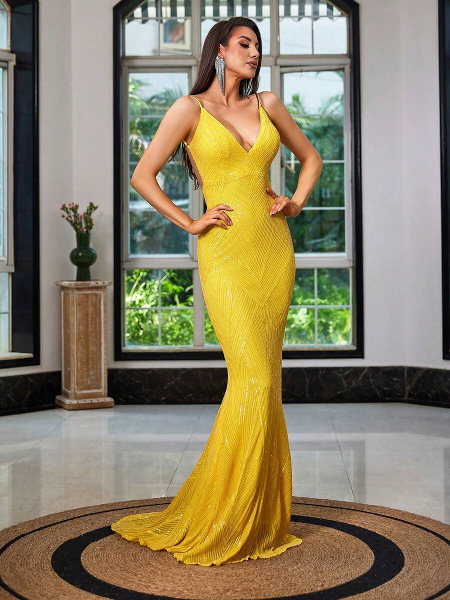 LOVE&LEMONADE 女士几何亮片吊带连衣裙，晚礼服 - 黃色 - 查看 1