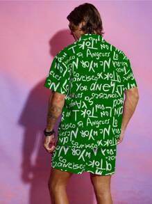 Manfinity Men's Floral Print Front Open Shirt And Drawstring Pocket Casual Shorts 2 Pieces Beach Outfit