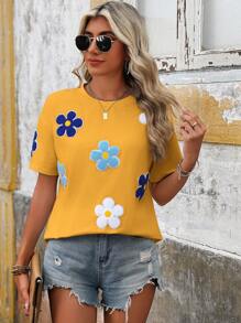 SHEIN LUNE Camiseta de manga corta de cuello redondo holgada con estampado de flores, para verano