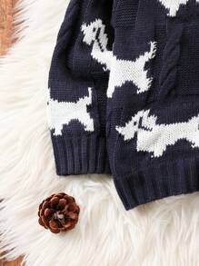 Young Girl Autumn New Round Neck Long Sleeve Cute Puppy Jacquard Striped Trim Cardigan, Lightweight Autumn Jacket For Girls