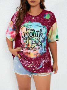 SHEIN LUNE T-shirt décontracté à imprimé de slogan tie-dye, grande taille, été