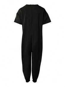 SHEIN Plus Size Women's Solid Color Simple Casual Short Sleeve Jumpsuit - Black - View 2