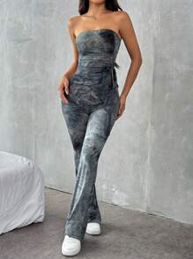 SHEIN EZwear Conjunto coordinado de mujeres ajustado de punto con estampado multicolor