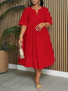 Slaydiva Váy chữ A dài đến đầu gối cổ khoét sâu tay ngắn thanh lịch & công sở & ngày lễ cỡ lớn dành cho nữ, mùa xuân/hè - Màu Đỏ Sâu - Xem 1