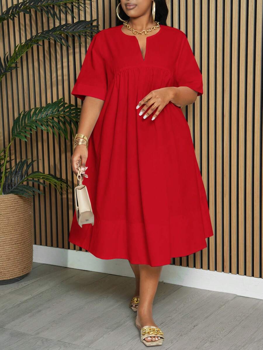 Slaydiva Váy chữ A dài đến đầu gối cổ khoét sâu tay ngắn thanh lịch & công sở & ngày lễ cỡ lớn dành cho nữ, mùa xuân/hè - Màu Đỏ Sâu - Xem 1