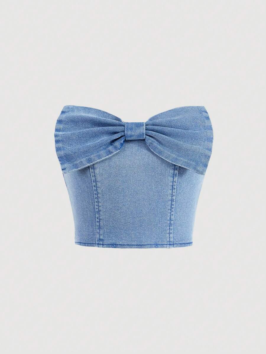 SHEIN Girlism Tween Girls Y2K Fashion Cute Bowknot Cropped Girl's Denim Tube Top - Medium Wash - View 1