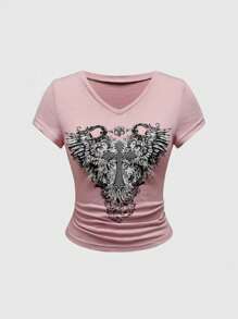 ROMWE Fairycore Áo thun nữ cổ chữ V tay ngắn in hình chữ thập và cánh mùa hè, đi học - Hồng - Xem 1