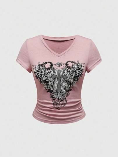 Fairycore Women's Summer Cross & Wing Printed V-Neck Short Sleeve Casual T-Shirt, School
