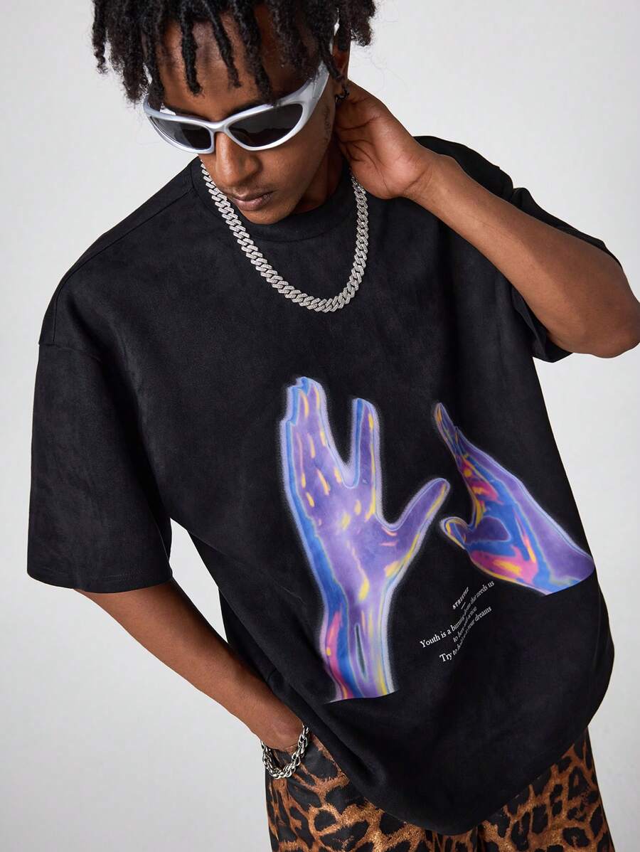 Manfinity VCAY 男士宽松圆领短袖 T 恤，带手印，适合夏季，图案 T 恤