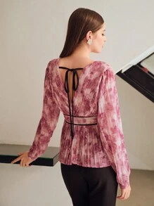 MOTF PREMIUM ALLOVER FLORAL PRINT SURPLICE NECK CONTRAST BINDING TIE BACK PLEATED PEPLUM TOP
