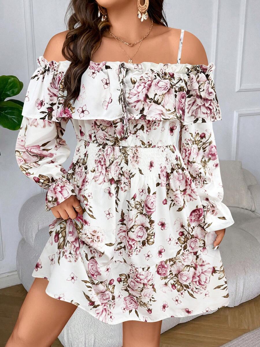 SHEIN LUNE Plus Size Nữ In Hoa Xù Lệch Vai Tay Dài Ngắn Đầm Thanh Lịch - trắng - Xem 1