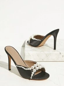 SHUZIA Women Elegant Pearl Decor Black Satin High Heeled Sandals Mules