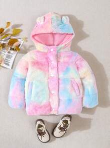 Abrigo informal acolchado con capucha y orejas 3D de felpa gruesa para bebé niña en invierno - Negro - Ver 1