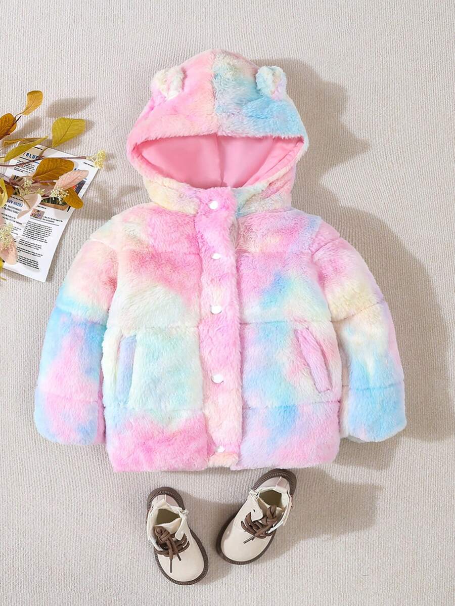 Abrigo informal acolchado con capucha y orejas 3D de felpa gruesa para bebé niña en invierno - Negro - Ver 1