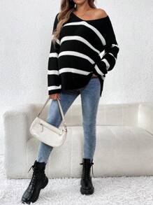SHEIN Maternity Colorblock Striped Casual Long Sleeve Sweater, For Winter