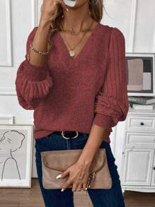 SHEIN LUNE Women's Solid V-Neck Ribbed Lantern Sleeve Loose Casual T-Shirt, Spring And Autumn Graphic Tees Women Tops Fall Cloth For Women - Redwood - View 5