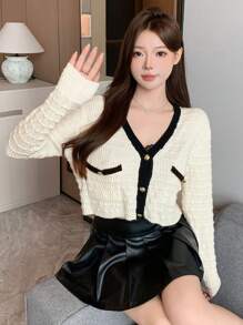 DAZY Women's Casual Striped Trim Crop Cardigan, Autumn/Winter,Fall Women Clothes - Beige - View 5