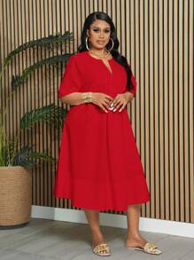 Slaydiva Váy chữ A dài đến đầu gối cổ khoét sâu tay ngắn thanh lịch & công sở & ngày lễ cỡ lớn dành cho nữ, mùa xuân/hè - Màu Đỏ Sâu - Xem 5