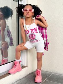 SHEIN Explorewe 2pcs/Set Pink Plaid Casual Shirt And White Letter Print Camisole Romper, Suitable For Daily Activities And Play For Young Girls - Pink - View 1