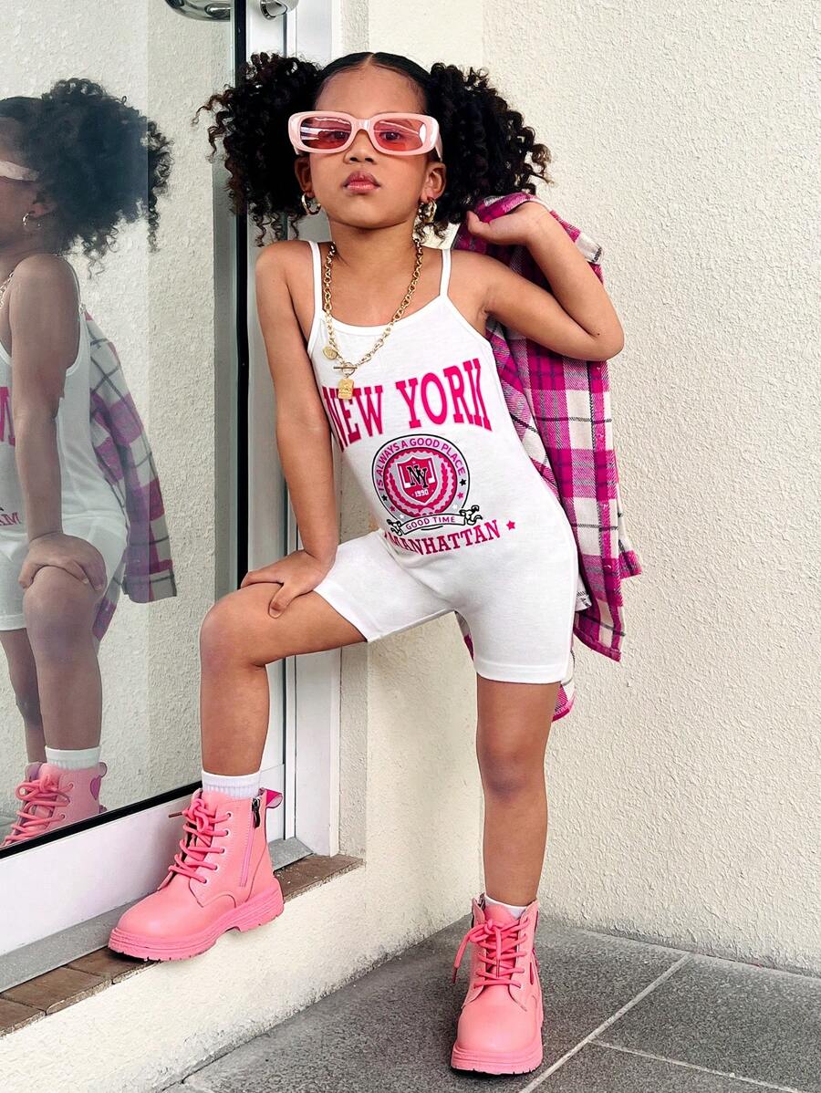 SHEIN Explorewe 2pcs/Set Pink Plaid Casual Shirt And White Letter Print Camisole Romper, Suitable For Daily Activities And Play For Young Girls - Pink - View 1