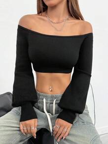SHEIN Unity Women Off-Shoulder Solid Color Simple Daily Cropped Long Sleeve Sweater, Knit Pullover Fall Winter - Black - View 3