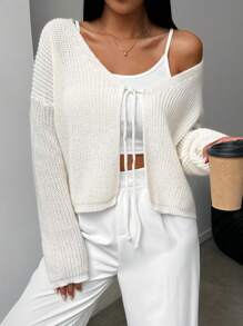 SHEIN LUNE Áo Cardigan buộc nơ phía trước dạng rộng trong suốt dành cho nữ, áo dài tay - trắng - Xem 6
