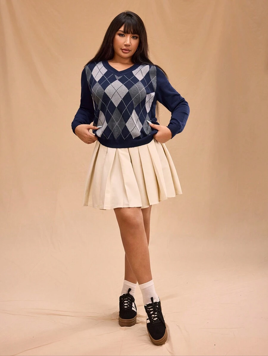 Forever 21 大码女式 V 领落肩毛衣，学院风百搭长袖保暖针织套头衫