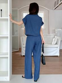 DAZY 2pcs Women Solid Color Blouse And Fashionable Wide Leg Pants Set Lounge Sets For Women Short Sets For Women - Blue - View 2