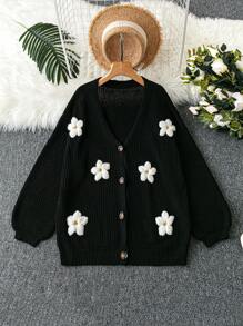 SHEIN LUNE Femmes grande taille Cardigan casual en tricot à col en V, broderie de marguerite, simple boutonnage, manches lanternes, couleur unie. Automne/Hiver