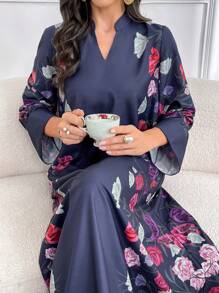 Al Najma Ladies Spring Summer Elegant Flower Print Long Arabian Modest Long Sleeve Dress - Navy Blue - View 1