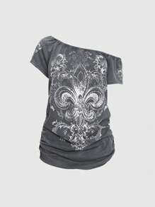 ROMWE Grunge Punk 十字印花宽松不对称领口女式 T 恤，带水钻装饰和荷叶边下摆，学校 - 深灰色 - 查看 1