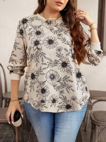 SHEIN LUNE Plus Size Winter Clothes Floral Pattern Crewneck Sweatshirt Fall Autumn - Multicolor - View 5