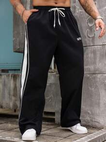 Manfinity Homme Men's Plus Size Color-Block Simple Daily Wear Straight Pants, Street Wear Long Plain Black Pants, For Husband, Boyfriend Gifts