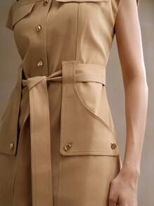 Anewsta Summer Solid Color Sleeveless Versatile Jumpsuit Dress - Khaki - View 5