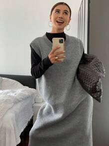 DAZY Women's Solid Color V-Neck Sleeveless Sweater Dress Fall,Winter - Grey - View 4