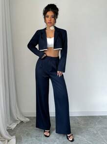 Chiquease Áo khoác blazer cổ ve + Set vest quần ống đứng đơn giản, thời trang - Màu xanh hải quân - Xem 5