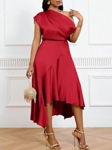 SHEIN Lady Váy mùa xuân, mùa hè, mùa thu và mùa đông cỡ lớn dệt satin màu đỏ chéo vai eo viền bất đối xứng màu đỏ cỡ lớn váy cho phụ nữ váy dự tiệc cưới thanh lịch cho phụ nữ quần áo mùa thu cho phụ nữ thường ngày halloween - Đỏ - Xem 4
