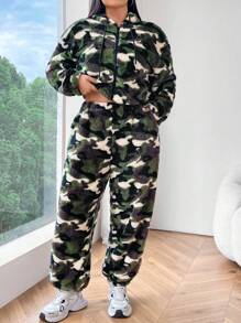 Flirla 2pcs Plus Size Camouflage Long Sleeve Hoodie And Straight-Leg Casual Pants Set - Multicolor - View 5